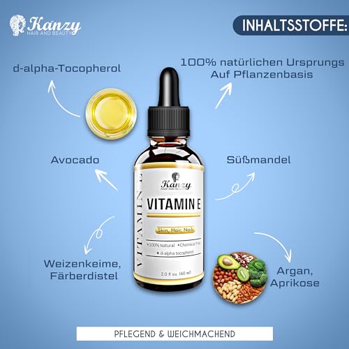 KANZY Vitamin E Öl Bio Tropfen für Kosmetik 60ml – 100% natürliches d-Alpha-Tocopherol by PDPro