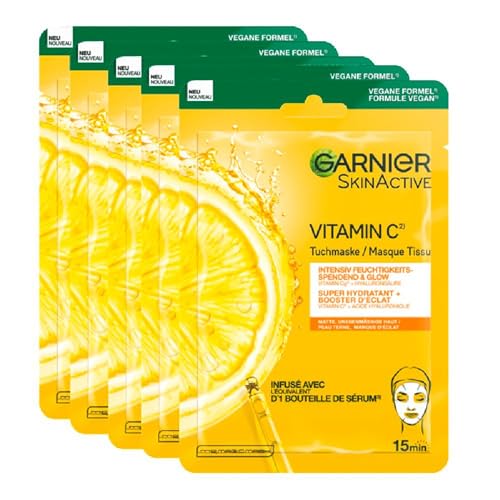 Garnier - SkinActive Hydrating Sheet Masks by PDPro | 5-Pack with Hyaluronic Acid & Vitamin C for Sensitive Skin | Glow-Effect and Radiant Complexion