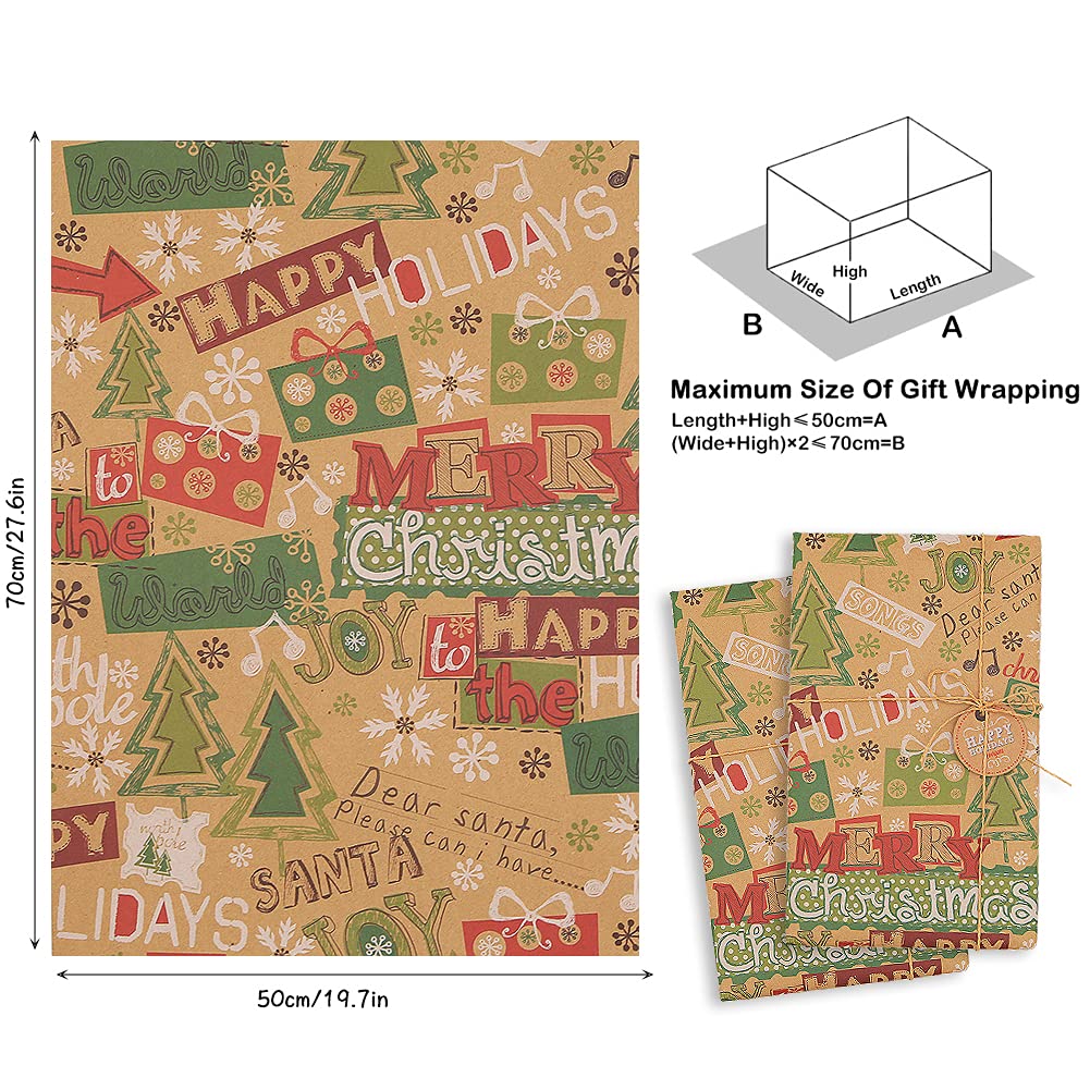 Geluode Christmas Wrapping Paper Set, Recycled Kraft Paper, 12 Sheets of 50x70 cm by PDPro