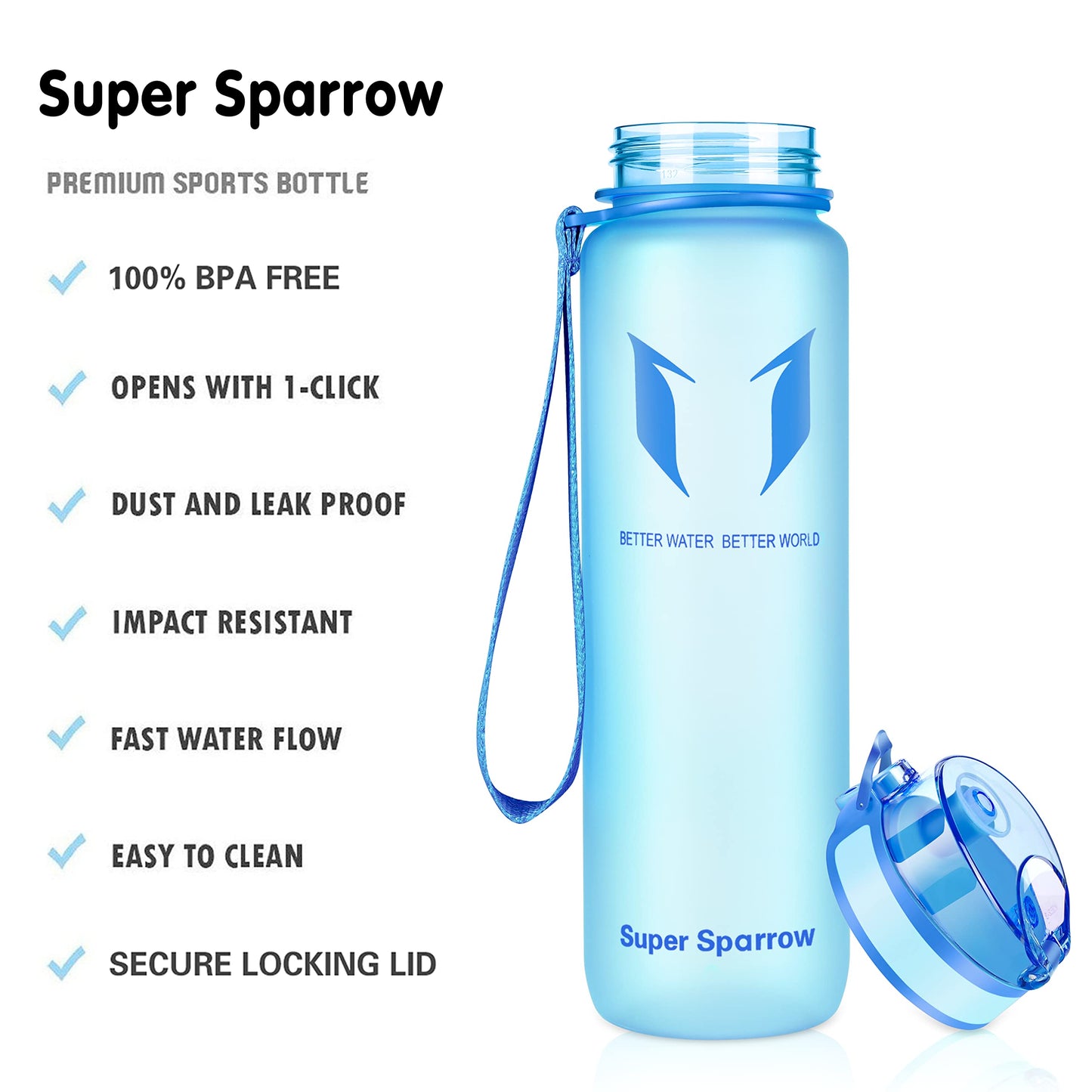 Super Sparrow Sports & Kids Water Bottle – Leak-Proof, BPA-Free, Reusable 1L Bottle by PDPro