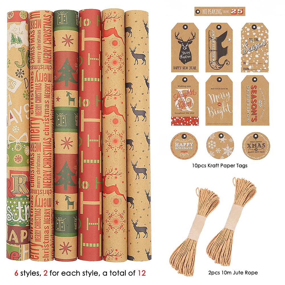 Geluode Christmas Wrapping Paper Set, Recycled Kraft Paper, 12 Sheets of 50x70 cm by PDPro