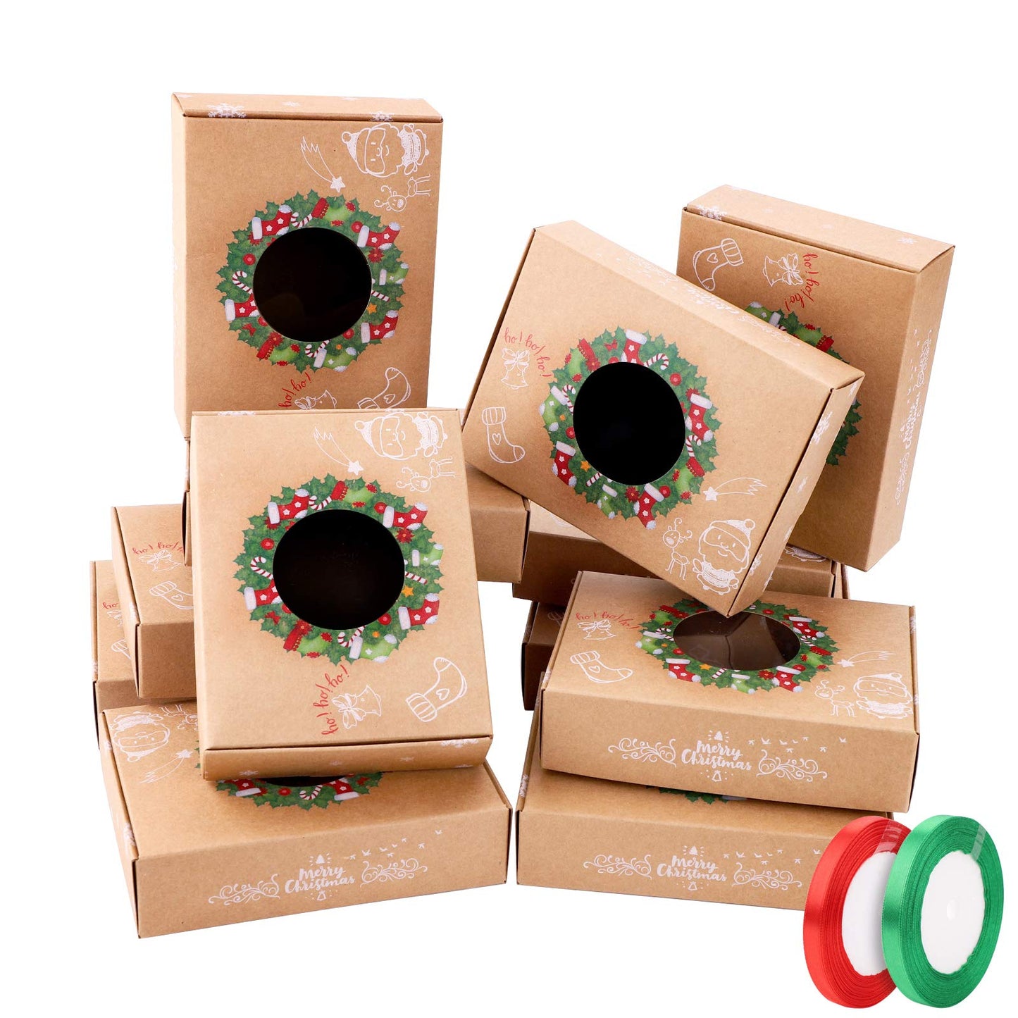 Frgasgds Weihnachtsgeschenkbox-Set – 12-teiliges Karton-Plätzchen-Dekorationsset mit 2 Rollen Band by PDPro