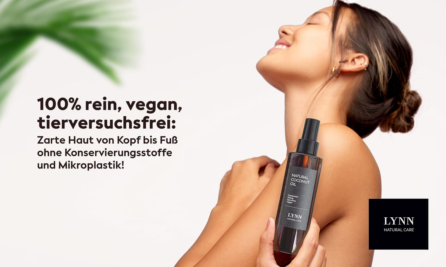 LYNN NATURAL CARE Flüssiges Kokosöl von PDPro | MCT-Öl | Mit Sprühspender | 100 % natürlicher Feuchtigkeitsspender für Haut und Haar | 200 ml | Fraktioniertes Kokosöl