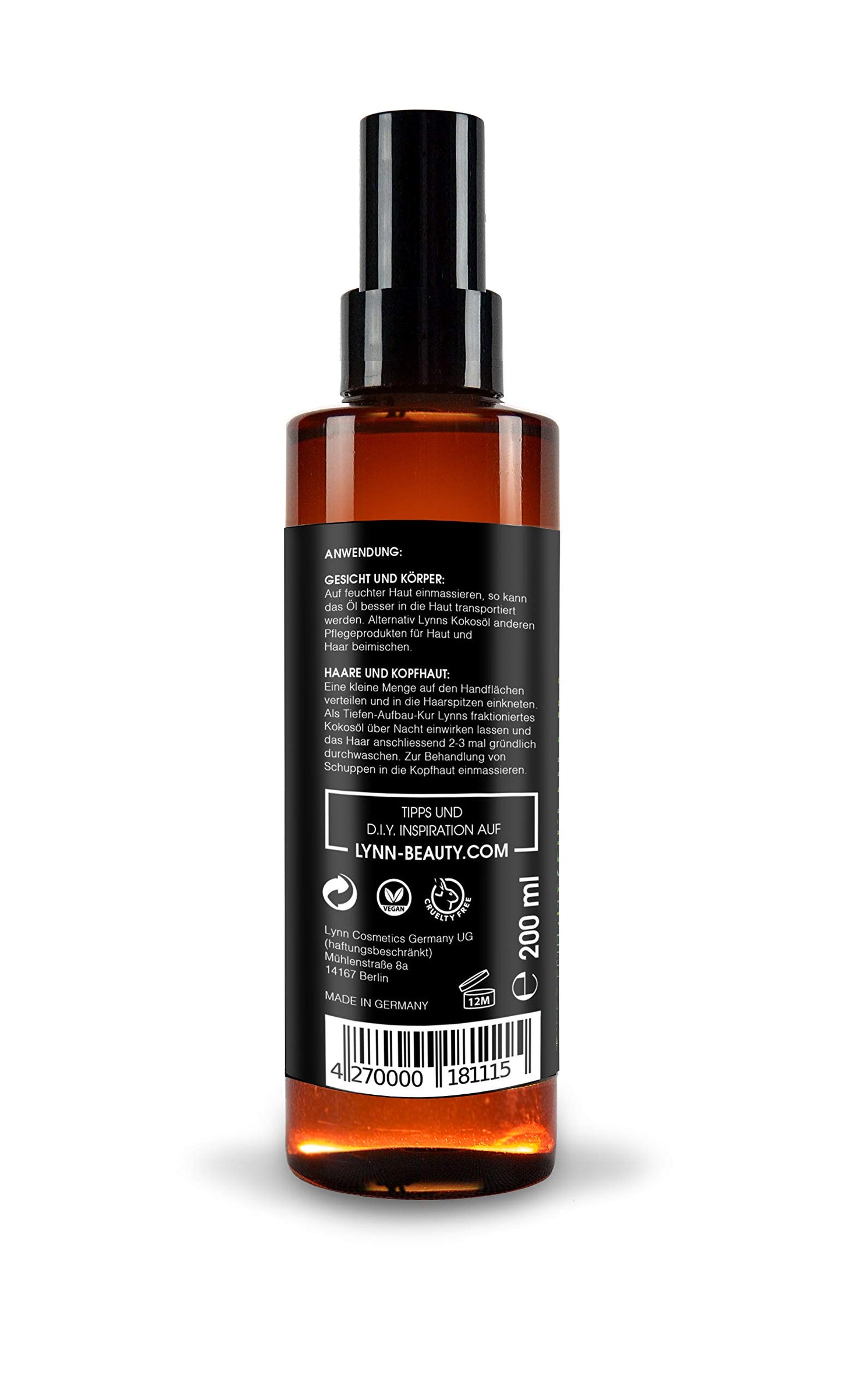 LYNN NATURAL CARE Flüssiges Kokosöl von PDPro | MCT-Öl | Mit Sprühspender | 100 % natürlicher Feuchtigkeitsspender für Haut und Haar | 200 ml | Fraktioniertes Kokosöl