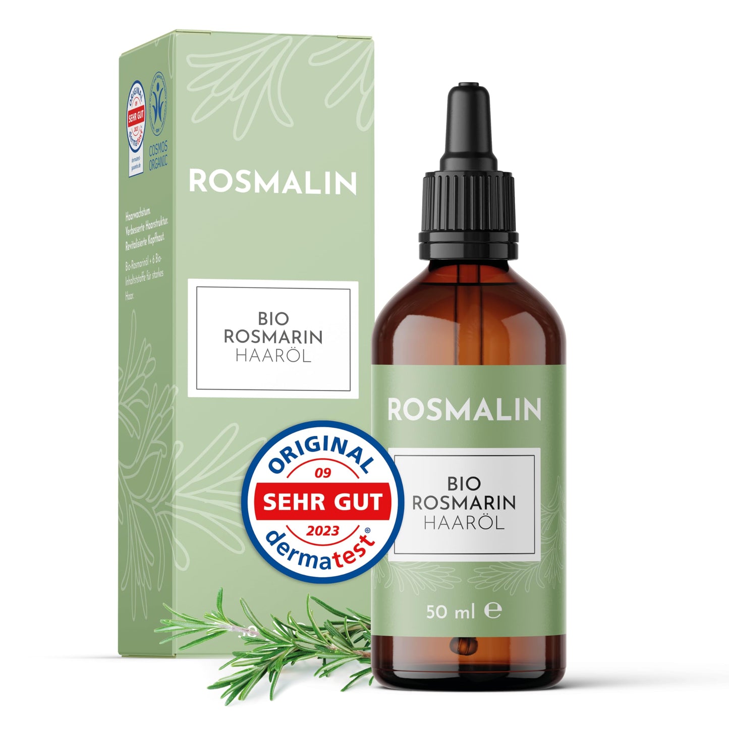 Olio di rosmarino Rosmalin® per capelli | Accelera la crescita dei capelli | 100% biologico | Trattamento del cuoio capelluto per più capelli - Olio per capelli per donne e uomini - Cosmetici naturali certificati per il cuoio capelluto by PDPro