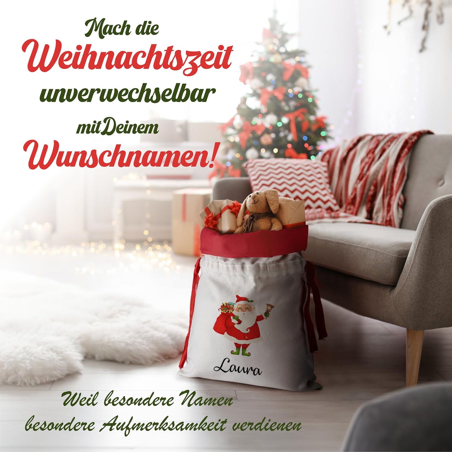 Liebtastisch - Personalisierte Weihnachtstasche - Extragroßer Geschenksack mit Kordelzug - Weihnachtsmann-Design 52 cm x 38 cm - Weihnachtsdeko by PDPro