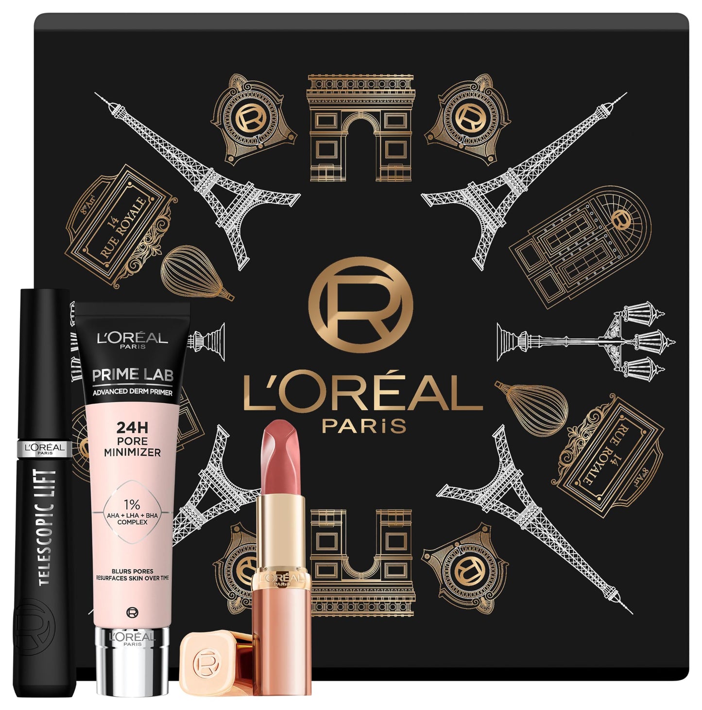 L'Oréal Paris Geschenkset mit Prime Lab 24h Pore Minimizer Primer, Telescopic Lift Mascara und Color Riche Les Nus Lippenstift – Next Level Everyday Look by PDPro