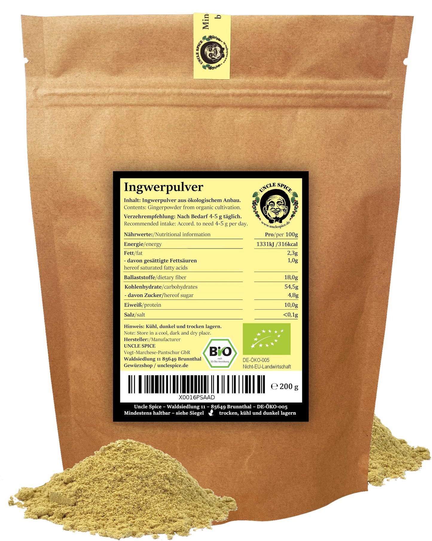 UNCLE SPICE® Organic Ginger Powder - 200g Finely Ground Ginger Root in Premium Organic Quality by PDPro