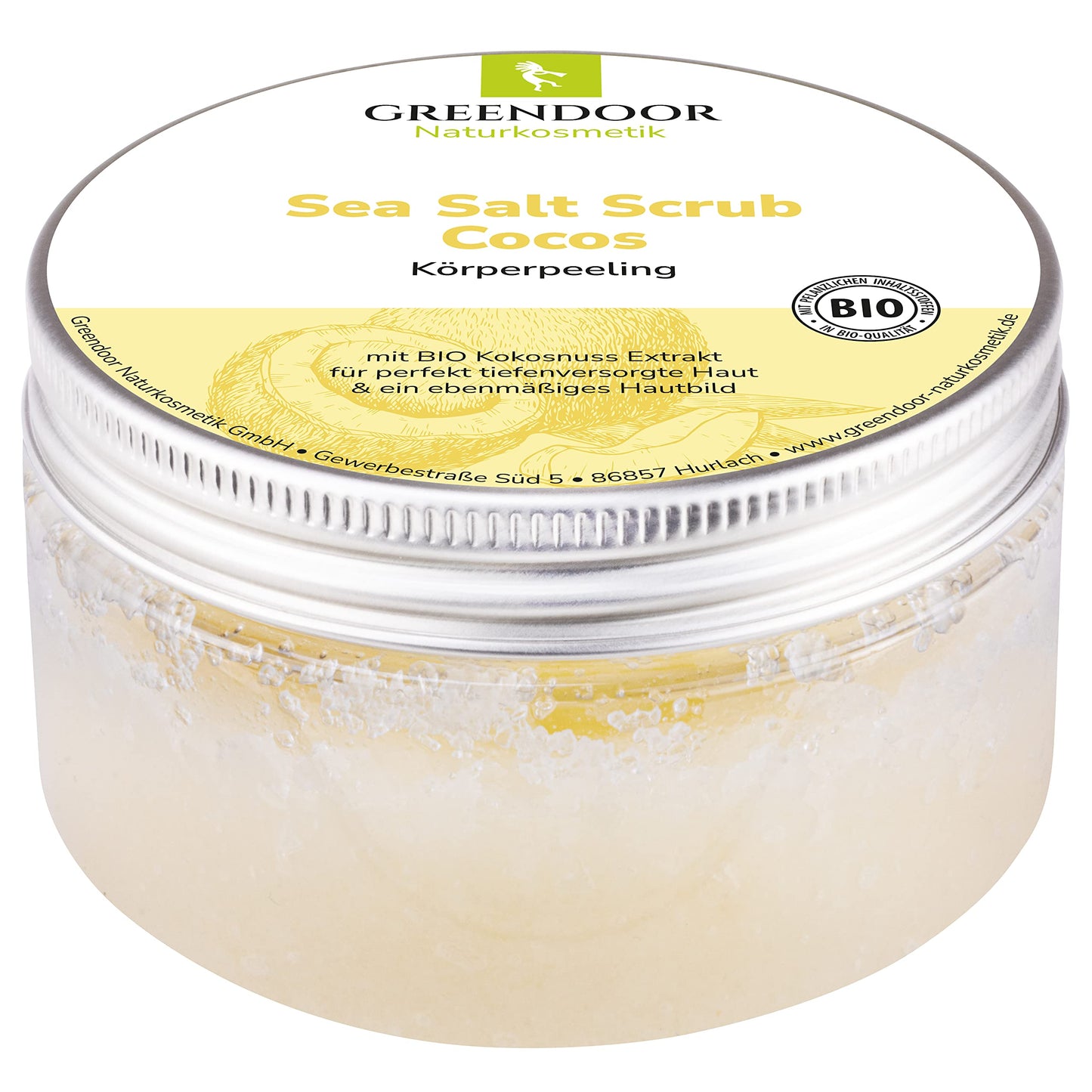 GREENDOOR Sea Salt Coconut Body Scrub, Natural Salt Scrub without Microplastics, 280g - Vegan, Natural Skincare, Ideal for Sauna & Shower by PDPro