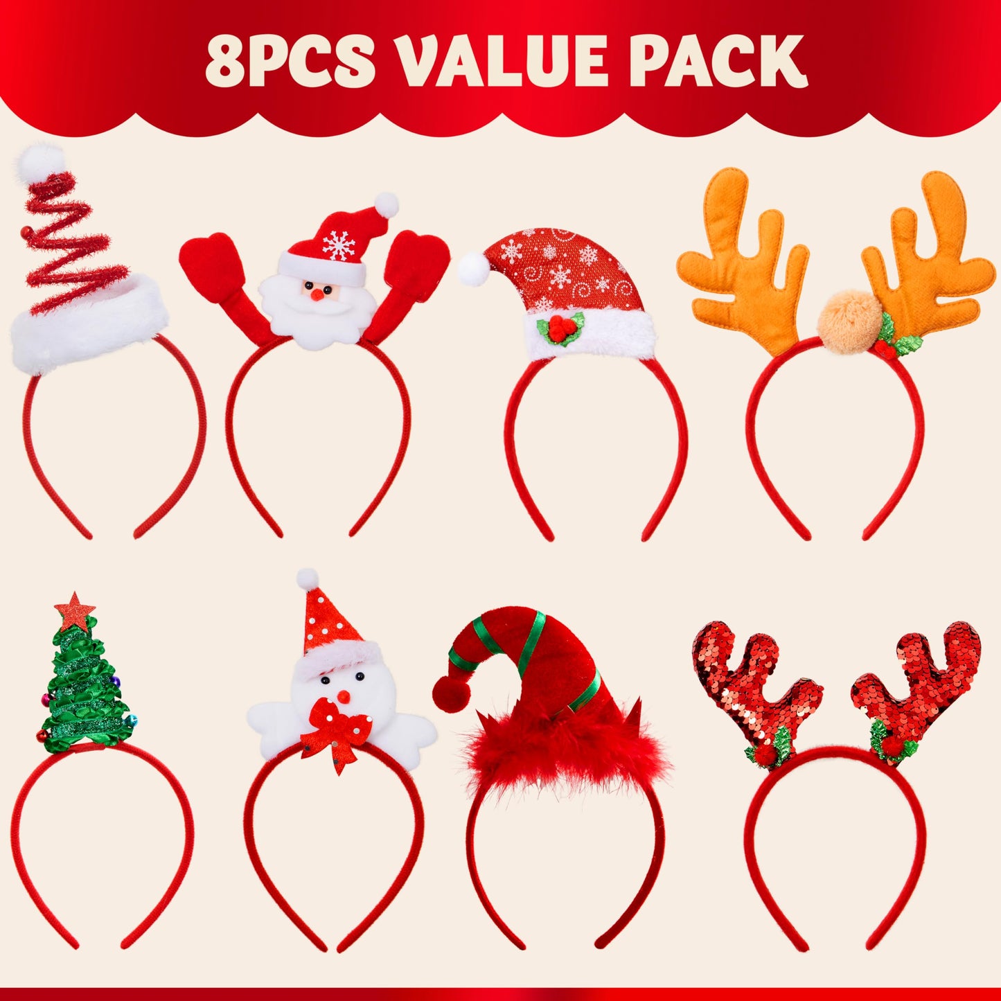 JOYIN 8 Stück Weihnachts Haarreif Set by PDPro – Bunte Haarschmuck Designs für Weihnachtsfeiern & Cosplay