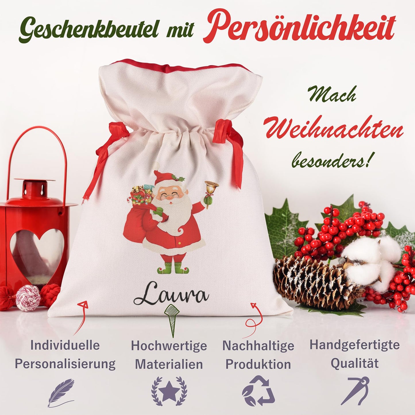 Liebtastisch - Personalisierte Weihnachtstasche - Extragroßer Geschenksack mit Kordelzug - Weihnachtsmann-Design 52 cm x 38 cm - Weihnachtsdeko by PDPro