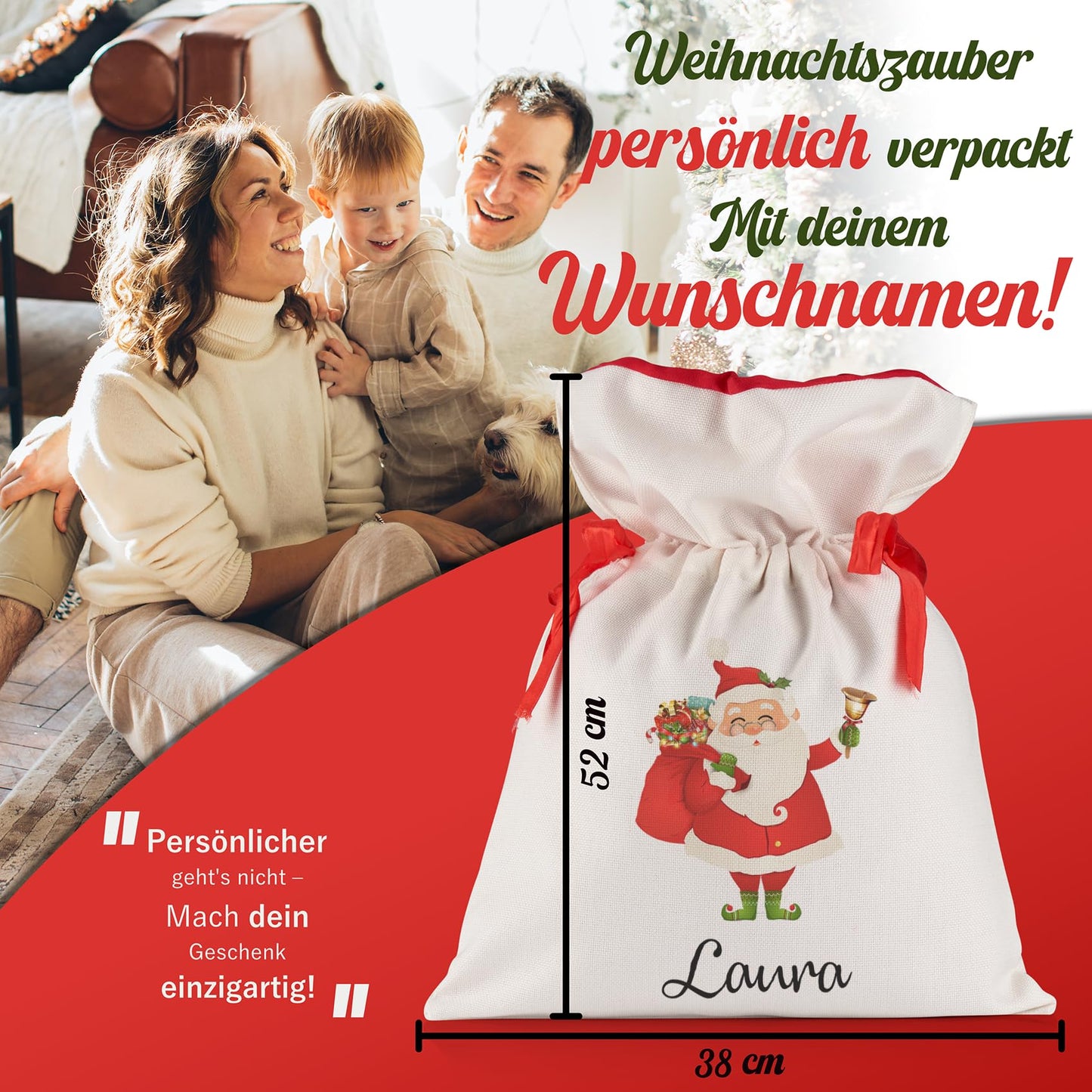 Liebtastisch - Personalisierte Weihnachtstasche - Extragroßer Geschenksack mit Kordelzug - Weihnachtsmann-Design 52 cm x 38 cm - Weihnachtsdeko by PDPro