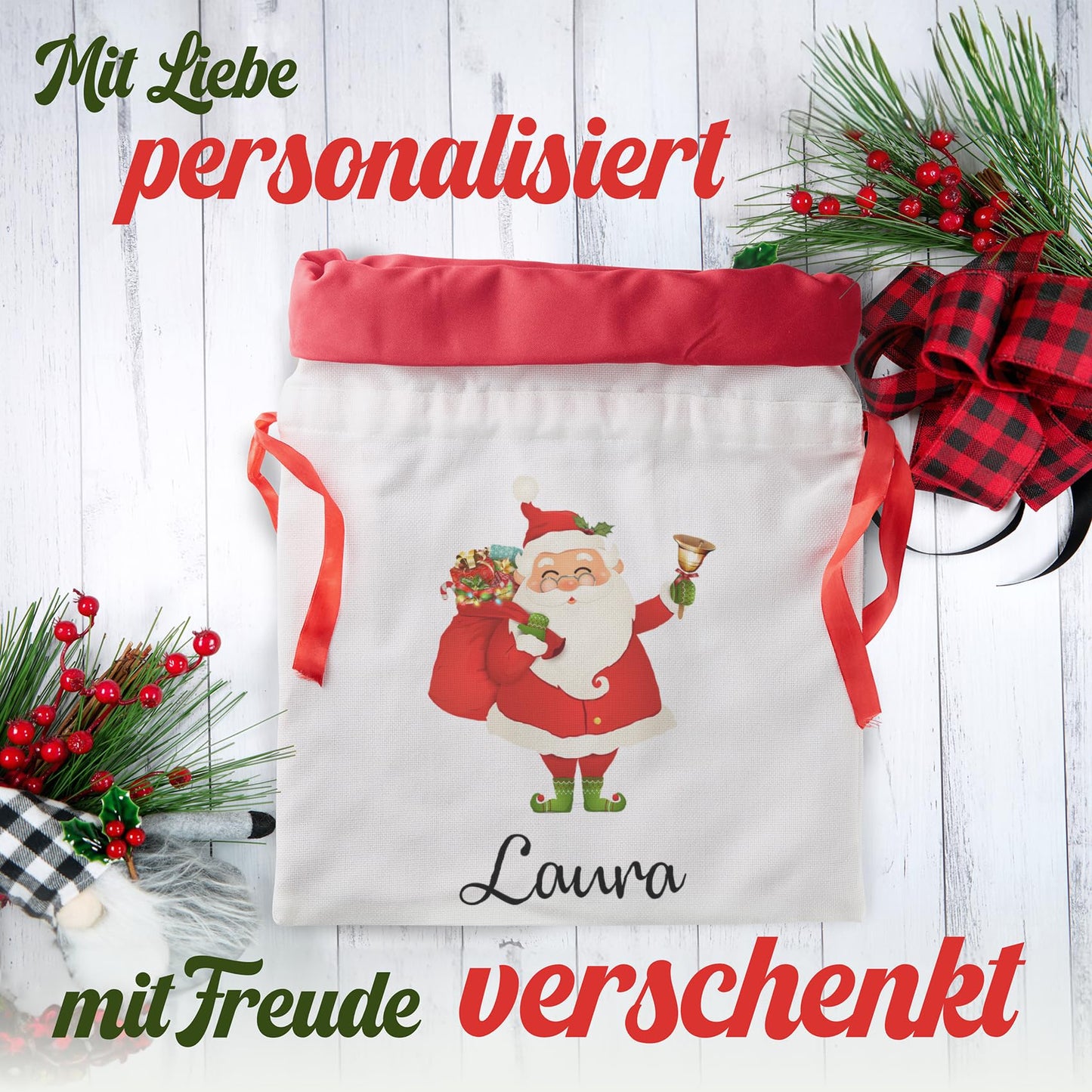 Liebtastisch - Personalisierte Weihnachtstasche - Extragroßer Geschenksack mit Kordelzug - Weihnachtsmann-Design 52 cm x 38 cm - Weihnachtsdeko by PDPro