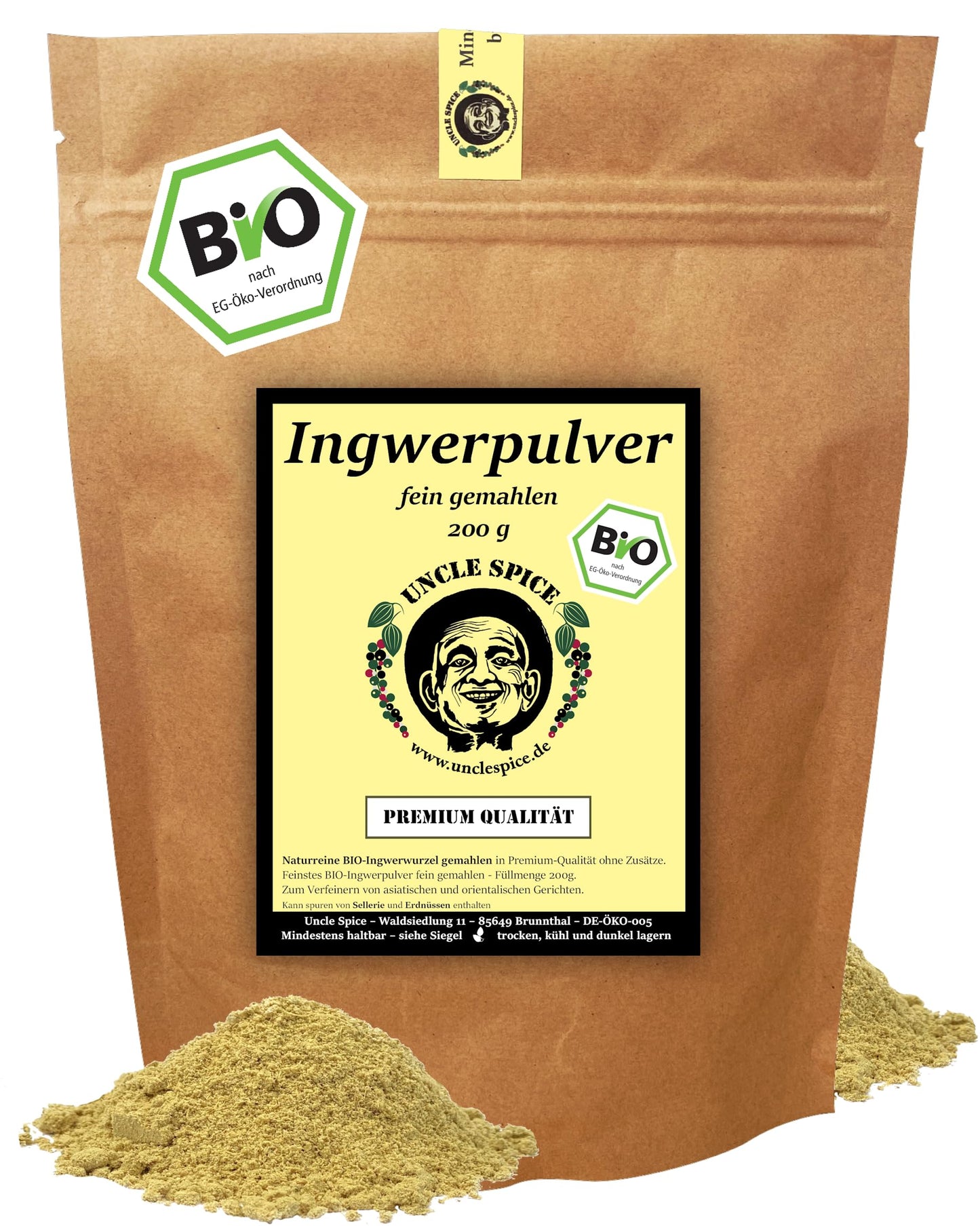 UNCLE SPICE® Organic Ginger Powder - 200g Finely Ground Ginger Root in Premium Organic Quality by PDPro