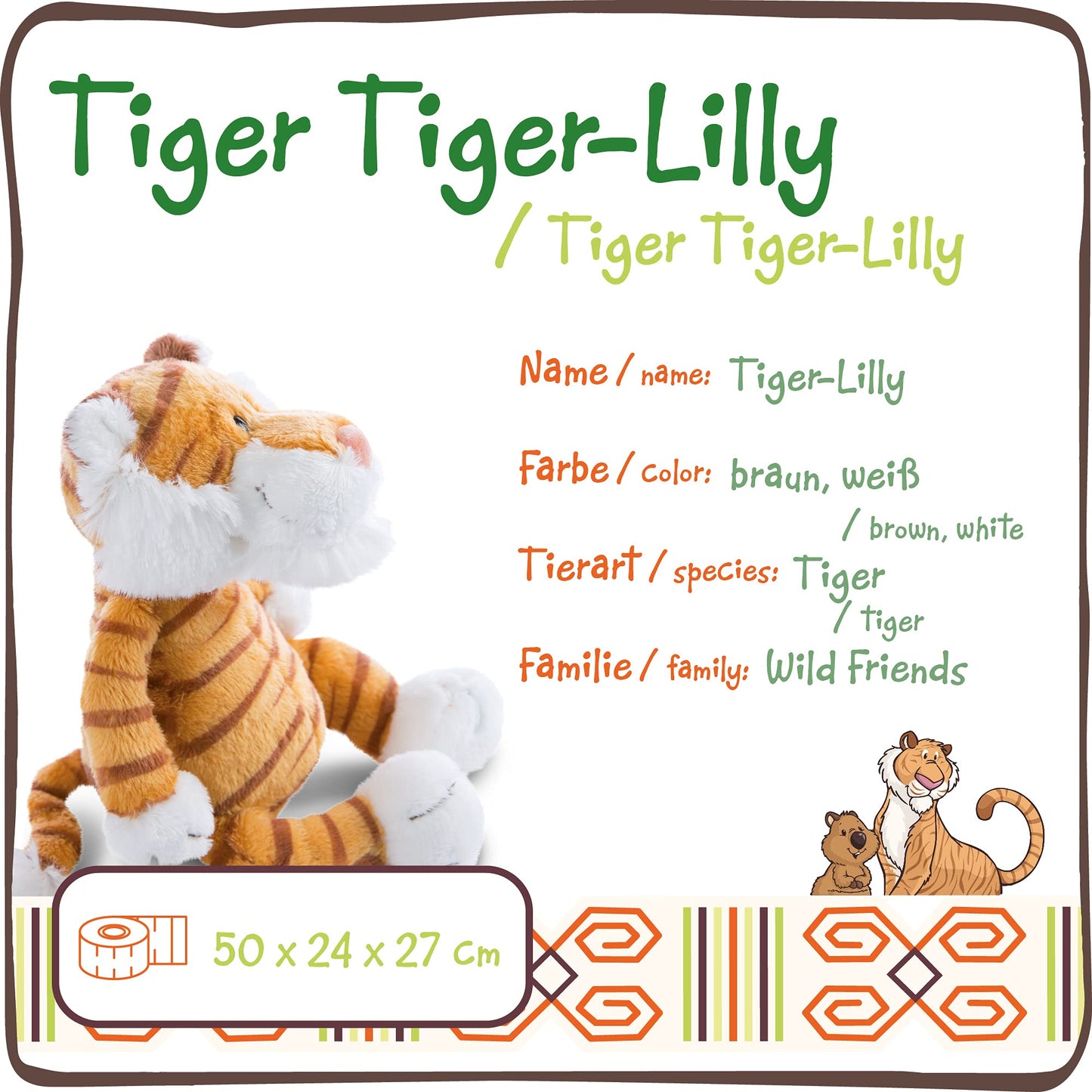 NICI Tiger-Lilly Plush Toy 50 cm – Sustainable Stuffed Animal for Kids by PDPro – Eco-Friendly Cuddly Toy from the Wild Friends Go Green Collection – Brown/White