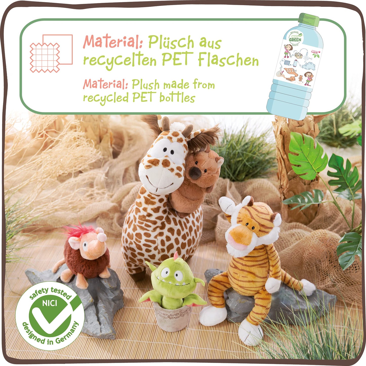 NICI Tiger-Lilly Plush Toy 50 cm – Sustainable Stuffed Animal for Kids by PDPro – Eco-Friendly Cuddly Toy from the Wild Friends Go Green Collection – Brown/White