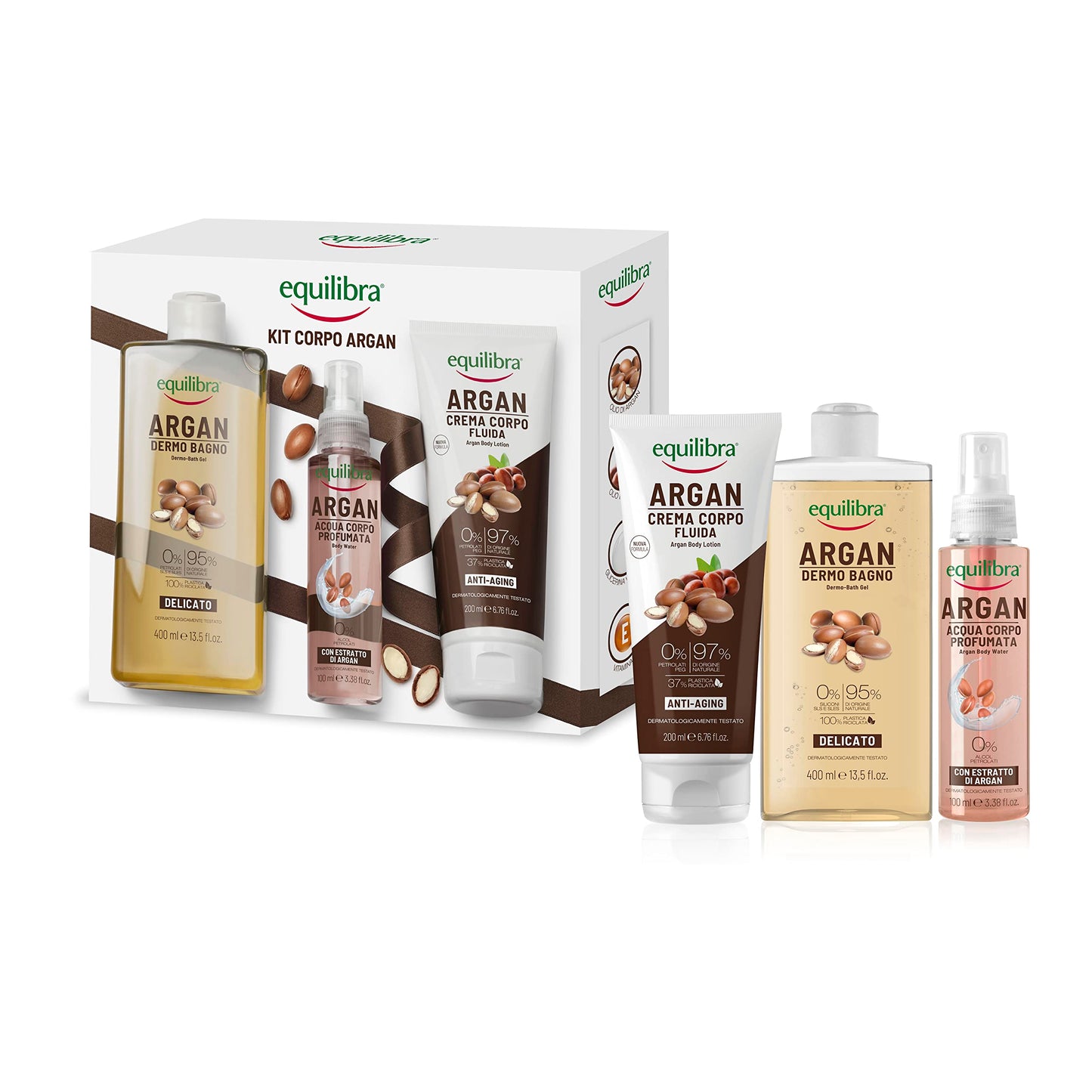 Equilibra Argan Body Care Gift Set - Lussuoso kit corpo anti-età con olio di Argan: bagno delicato, spray per il corpo e crema fluida | By PDPro