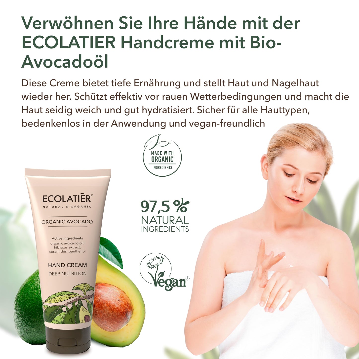 Crema per le mani ECOLATIER by PDPro, 100 ml - Cura profonda e protezione con olio di avocado biologico, vegano, pantenolo e ceramide, lenisce, nutre e protegge dalle intemperie per una pelle morbida come la seta