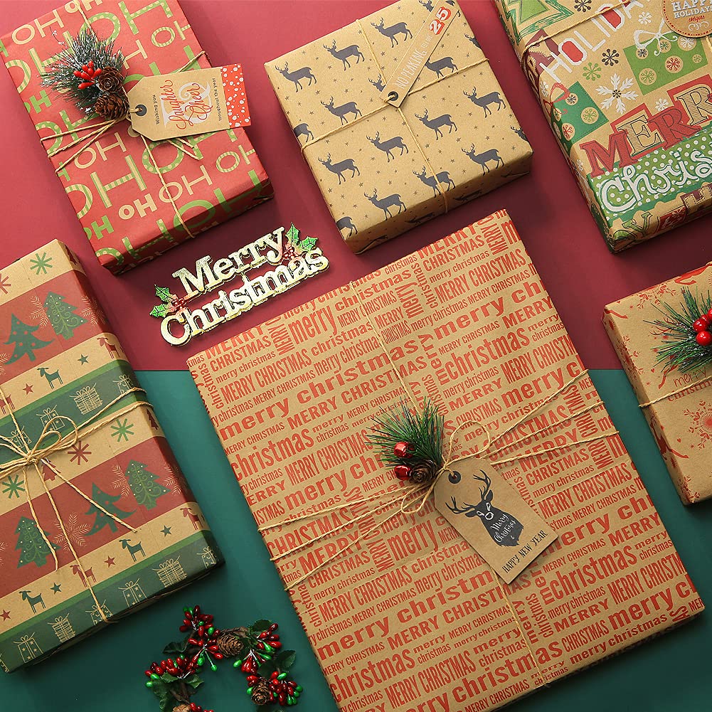 Geluode Christmas Wrapping Paper Set, Recycled Kraft Paper, 12 Sheets of 50x70 cm by PDPro