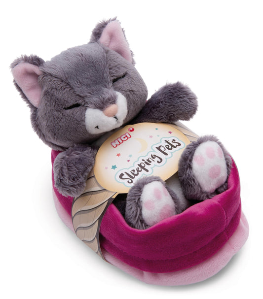 NICI grey plush cat 12 cm, sleeping in basket - Cuddly and lovable plush - Made sustainably with recycled materials - 49746 by PDPro