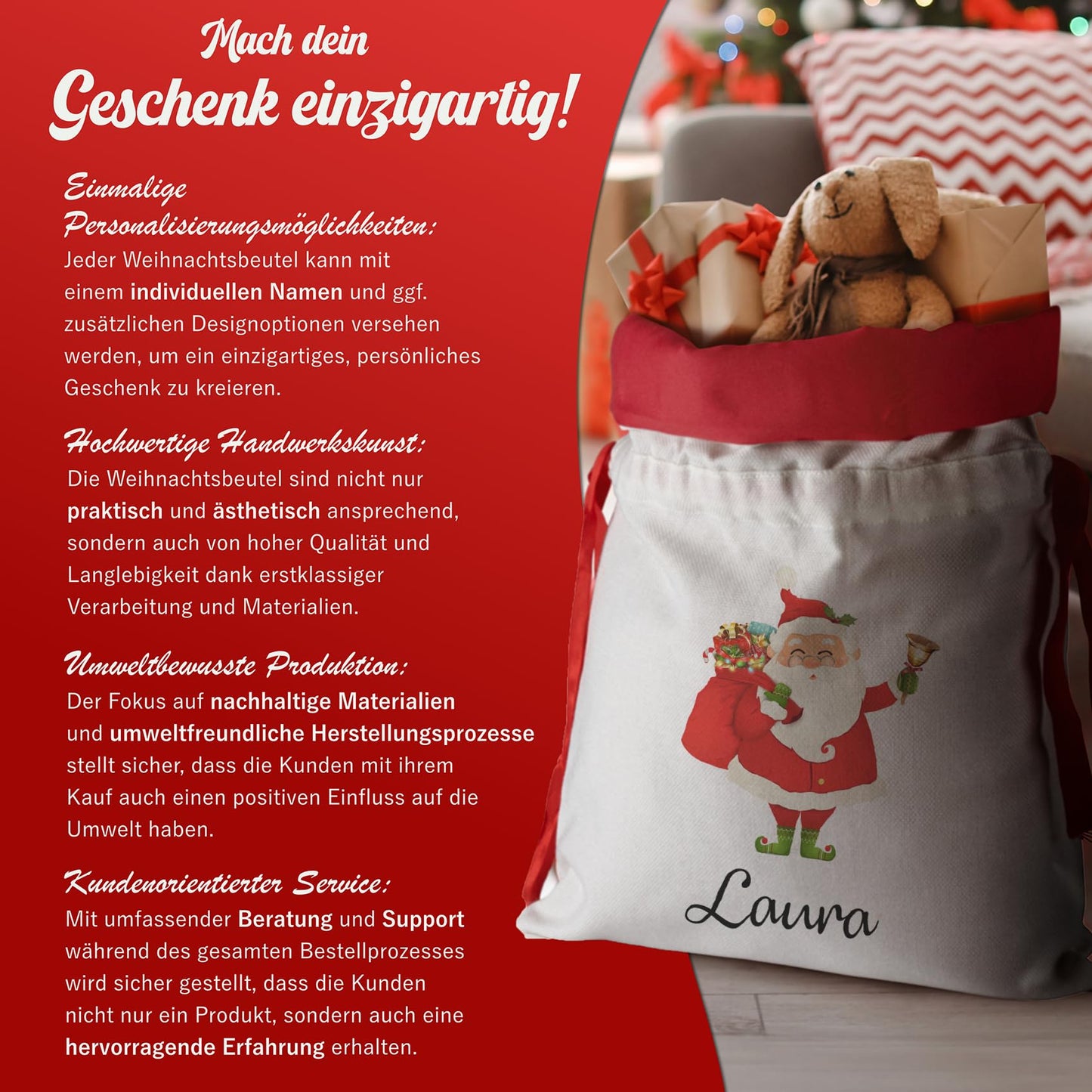 Liebtastisch - Personalisierte Weihnachtstasche - Extragroßer Geschenksack mit Kordelzug - Weihnachtsmann-Design 52 cm x 38 cm - Weihnachtsdeko by PDPro