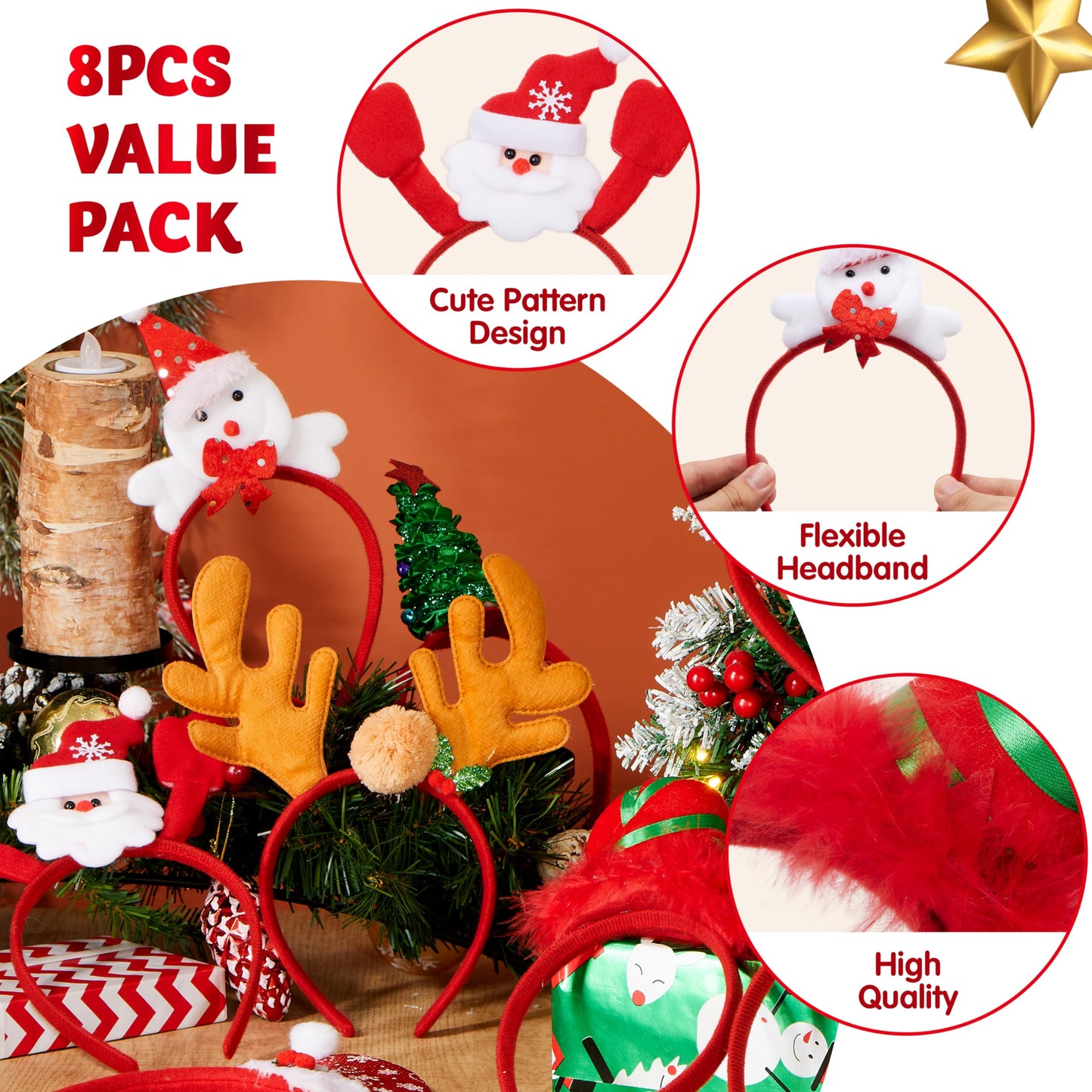 JOYIN 8 Stück Weihnachts Haarreif Set by PDPro – Bunte Haarschmuck Designs für Weihnachtsfeiern & Cosplay