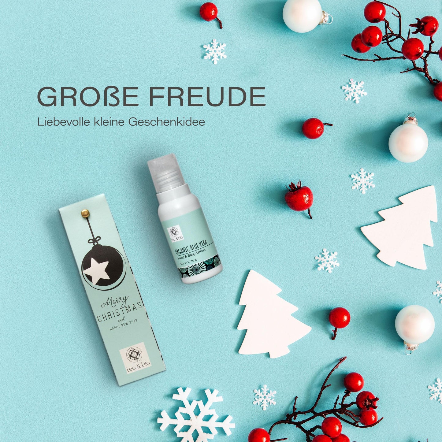 Leo & Lilo Kleiner Gruß Hand & Bodylotion mit sanft pflegender Bio Aloe Vera - 3 x 50 ml in wunderschöner weihnachtlicher Merry Christmas Geschenkverpackung by PDPro