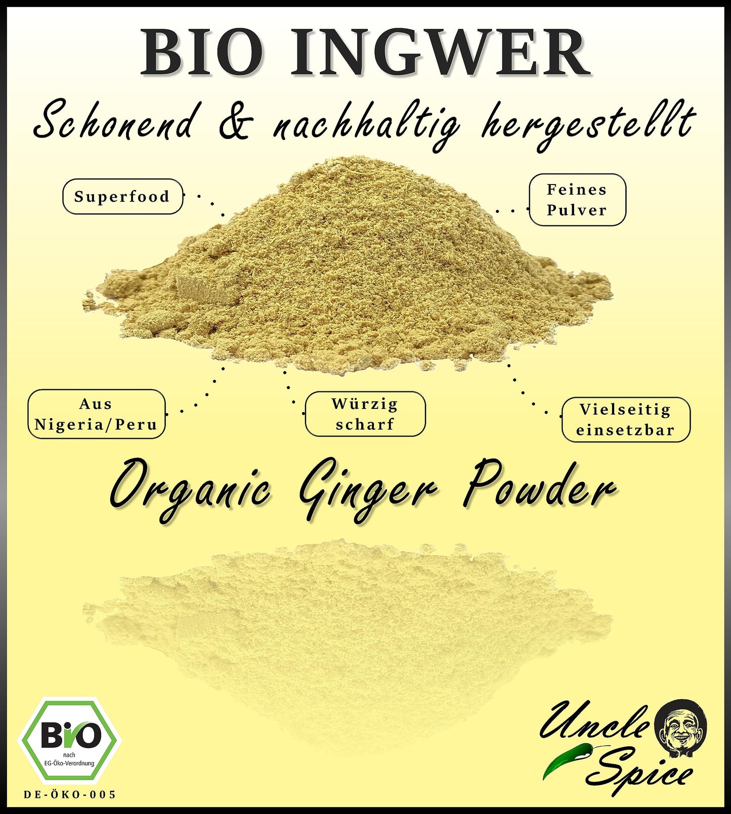 UNCLE SPICE® Organic Ginger Powder - 200g Finely Ground Ginger Root in Premium Organic Quality by PDPro