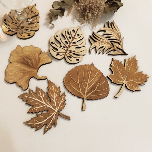 Set of 6 Leaves Wooden Coasters - Handmade Gift - Housewarming - Wood Kitchenware - Nature-1