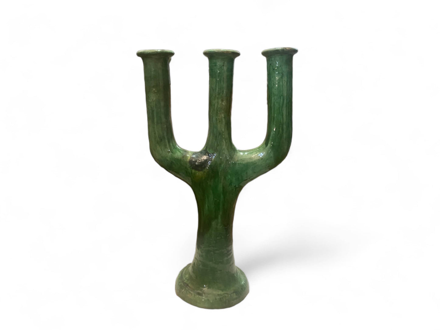 Handcrafted Moroccan Green Tamegroute Large 3-Branch Candlestick Holder-3