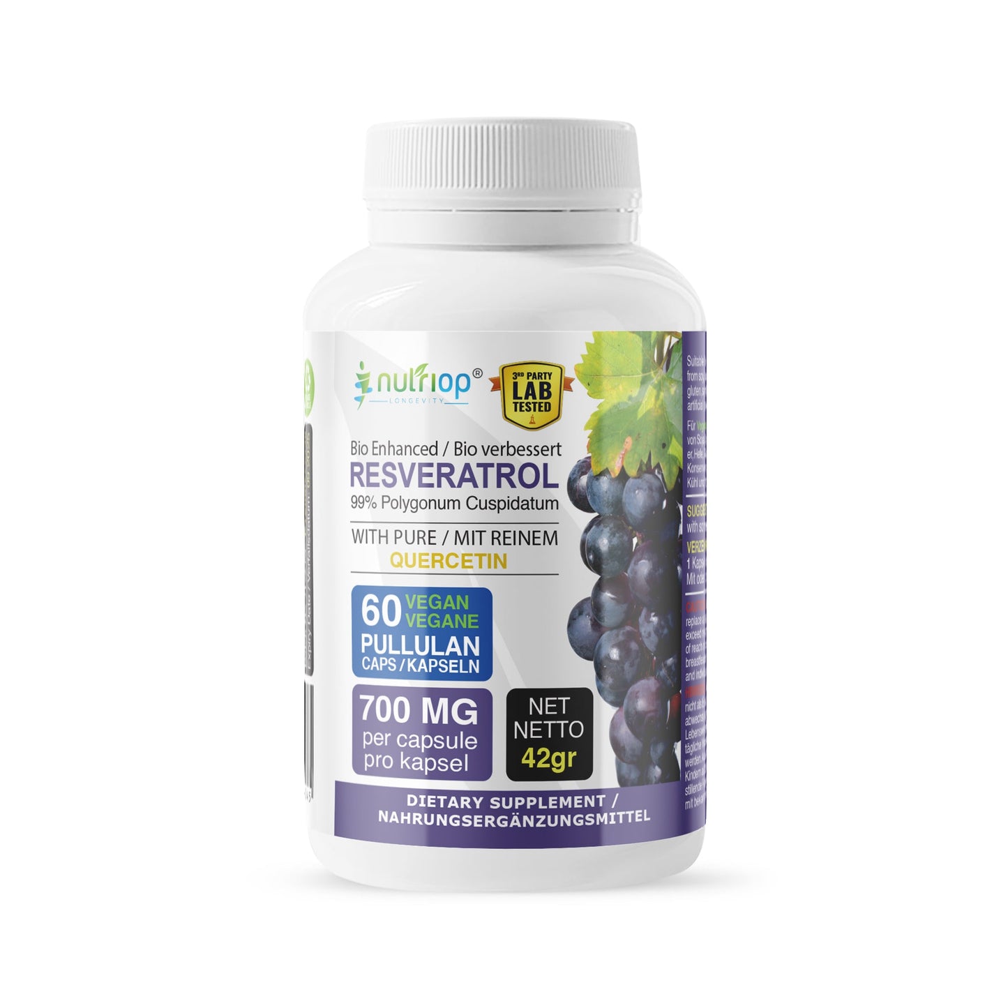 Bio-Enhanced Nutriop Longevity® Resveratrol with Pure Quercetin - 700mg Capsules (x60)-0