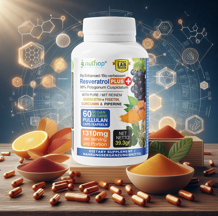 Bio-Enhanced Nutriop Longevity® Resveratrol PLUS with Pure Quercetin, Fisetin, Curcumin and Piperine - 1310mg per serving (x30)-1