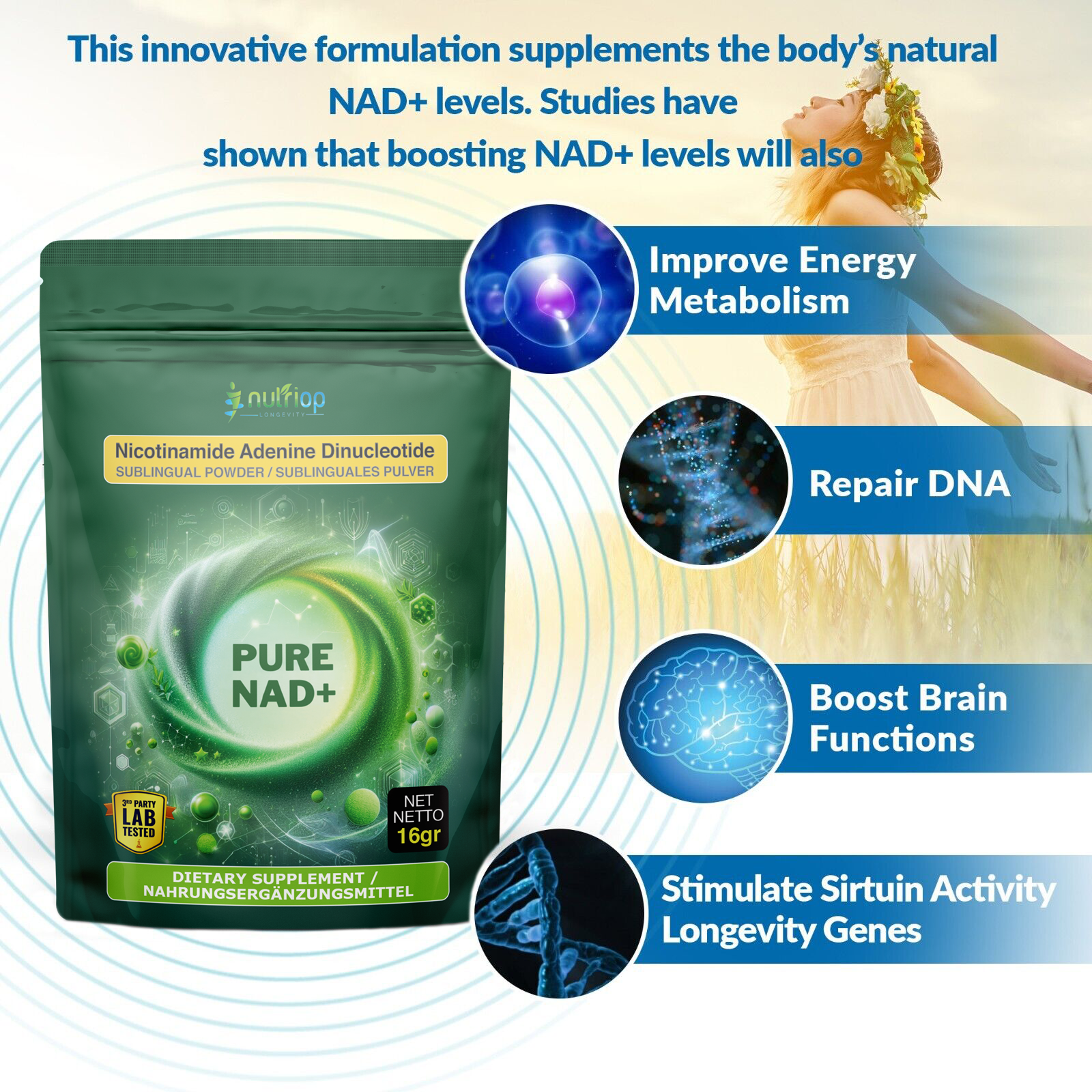 Nutriop Longevity® PURE-NAD+, Nicotinamide Adenine Dinucleotide - Extreme Potency sublingual powder -16 grams-1