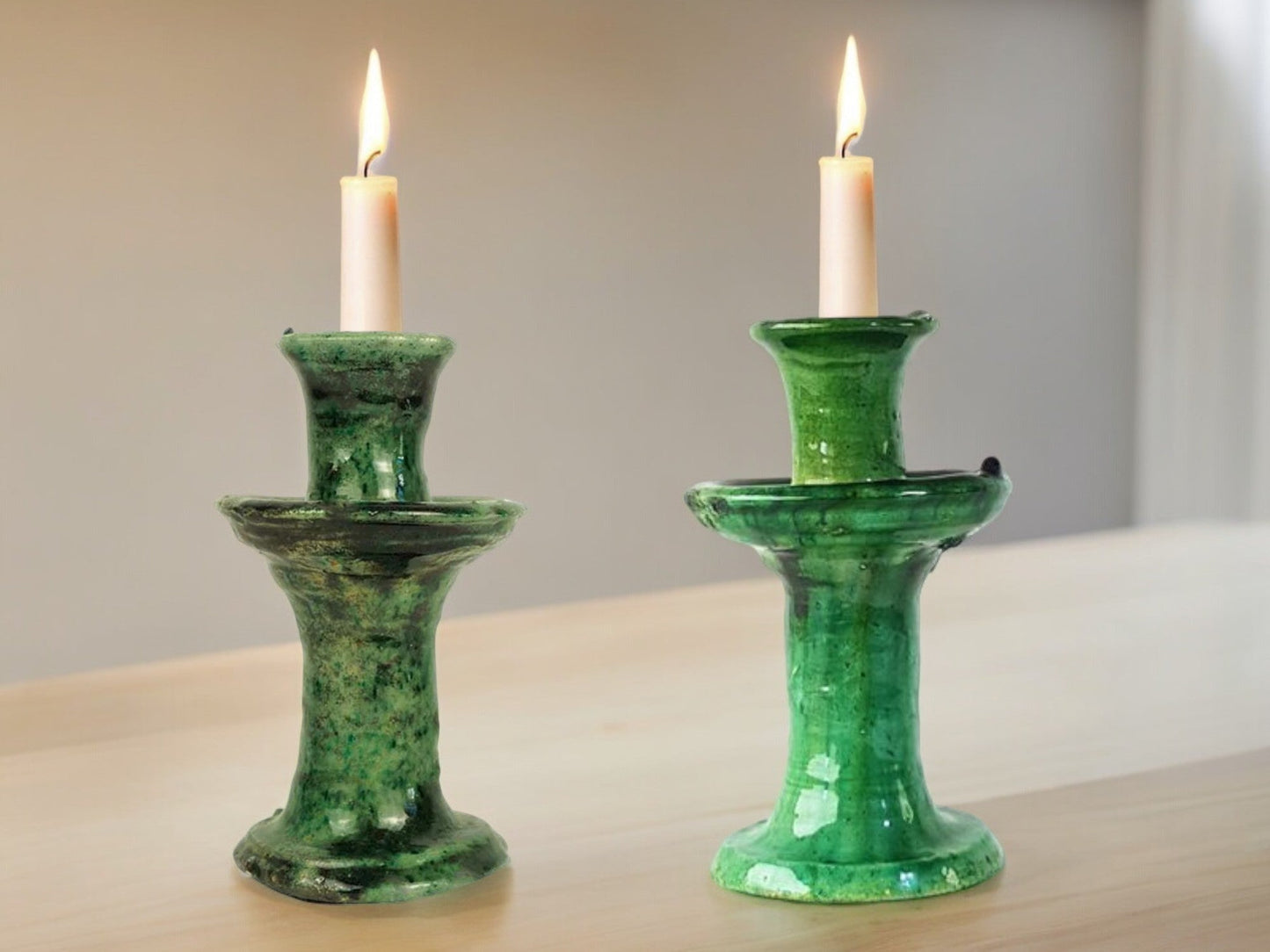 Handmade Moroccan Vintage Tamegroute Green Candlestick Holders: Set of 3 Ceramic Glazed Pottery-2