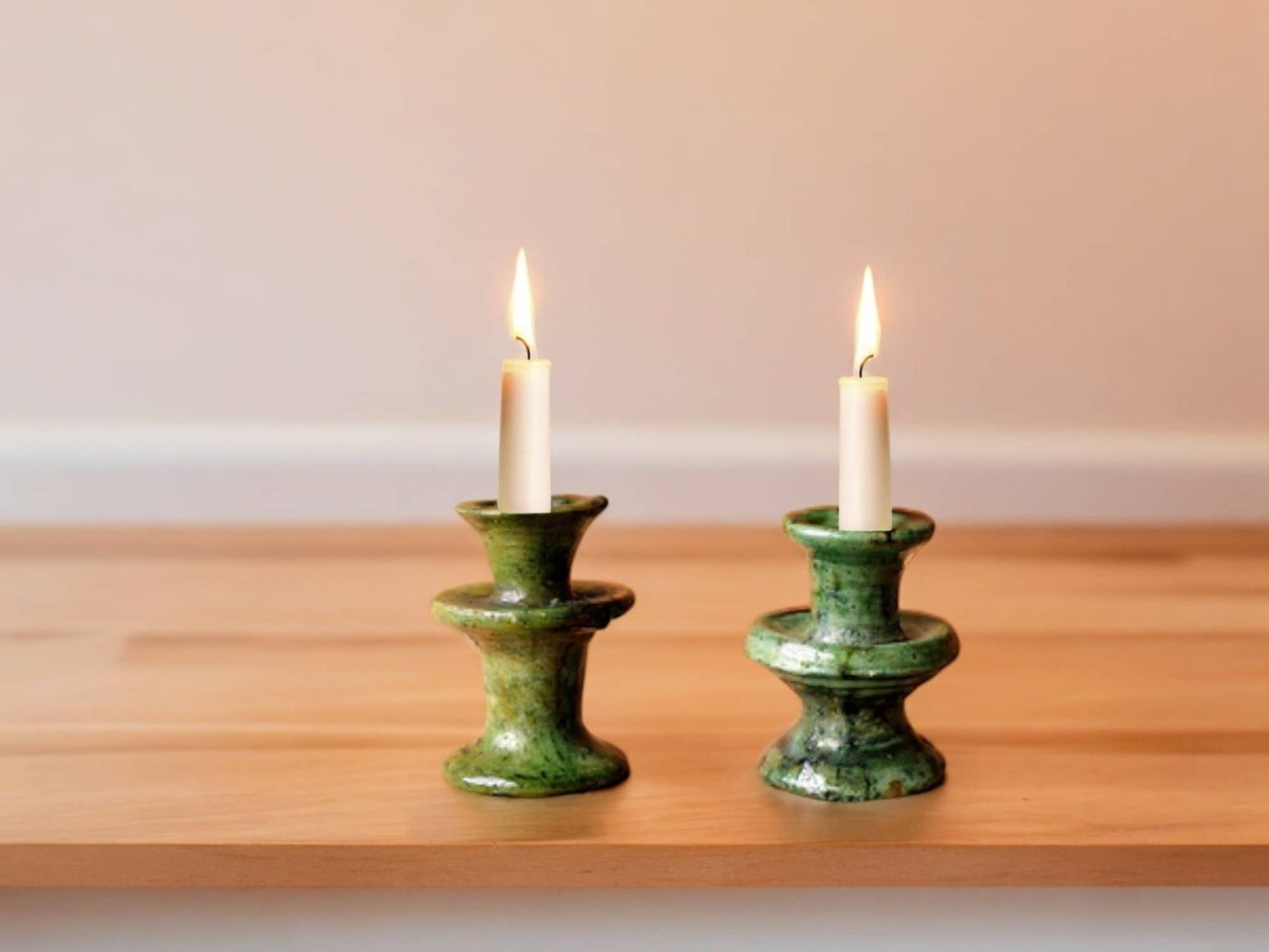 Handmade Moroccan Vintage Tamegroute Green Candlestick Holders: Set of 3 Ceramic Glazed Pottery-4