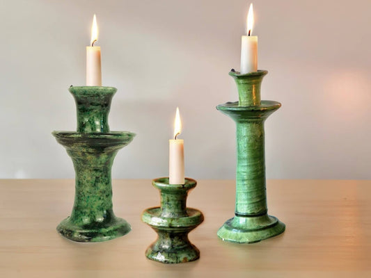 Handmade Moroccan Vintage Tamegroute Green Candlestick Holders: Set of 3 Ceramic Glazed Pottery-0