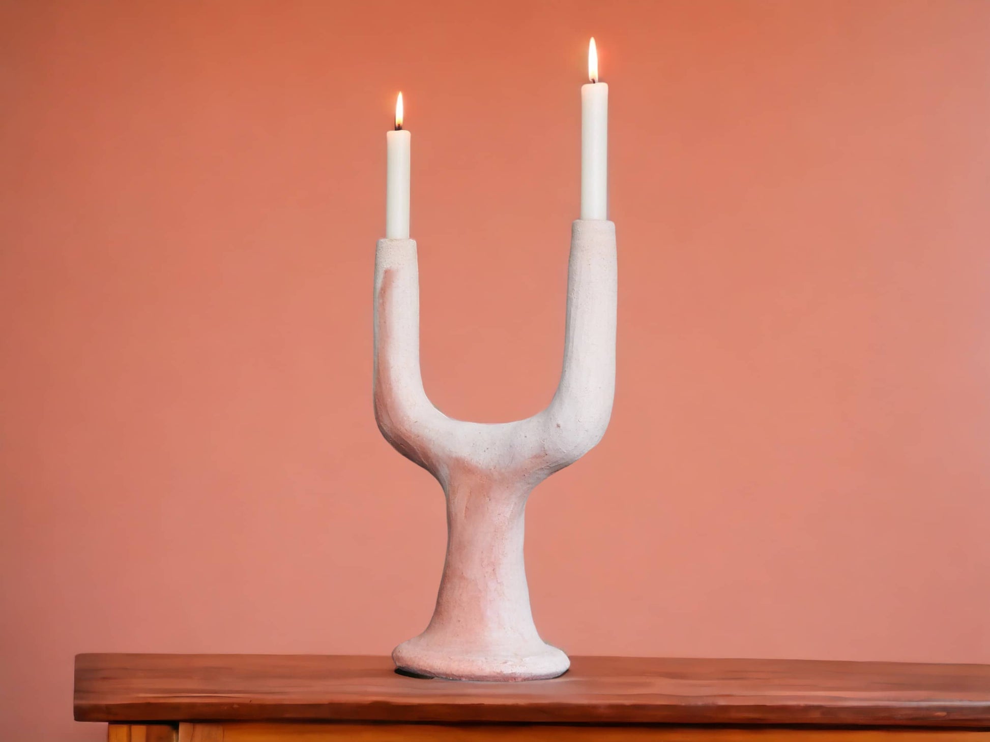 Artisanal Moroccan Unglazed Tamegroute White Ecru Abstract Twin Arc Candlestick Holder-0