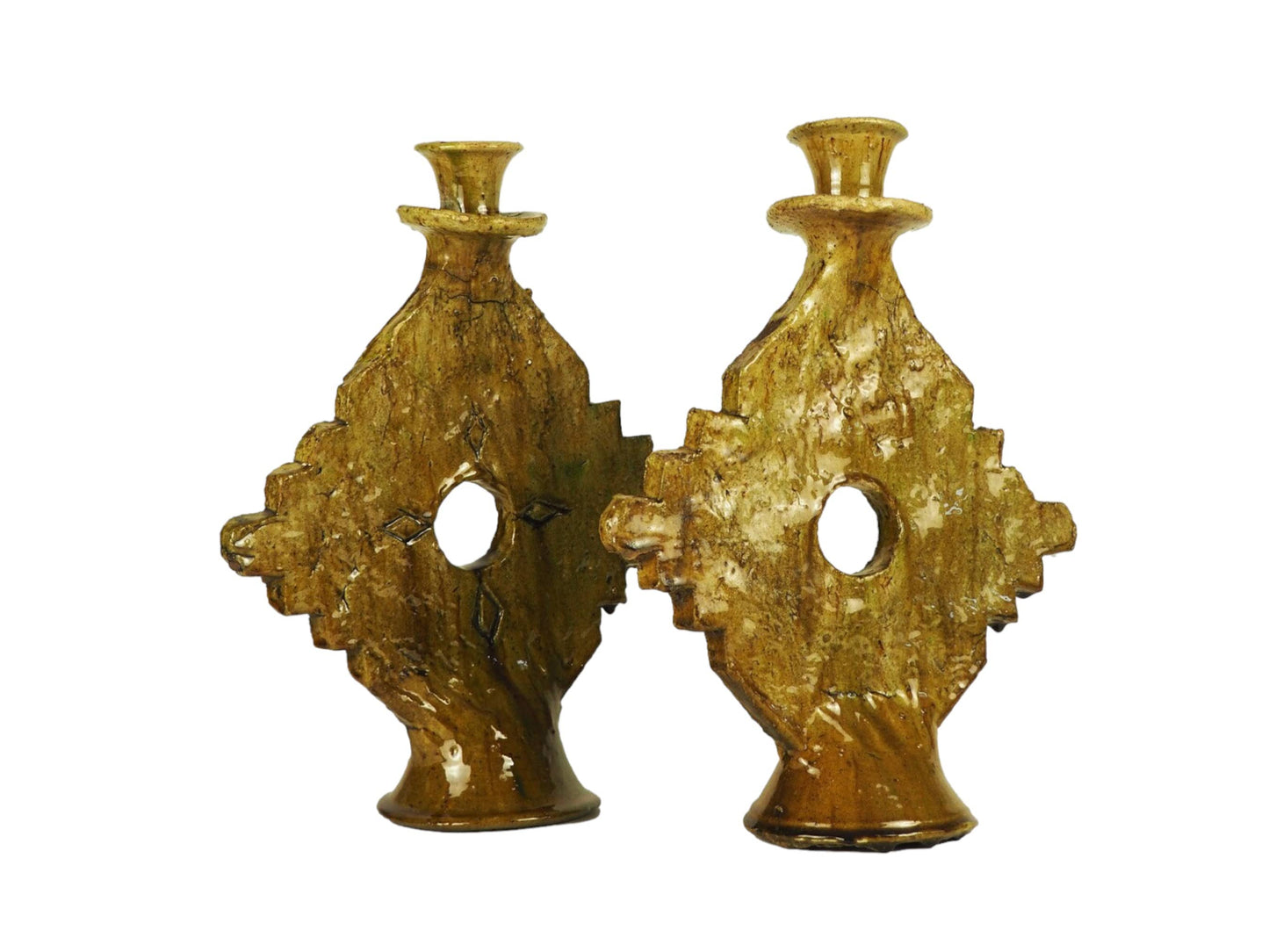 Moroccan Ochre Glazed Tamegroute Large Gothic Abstract Candlestick Holder-1