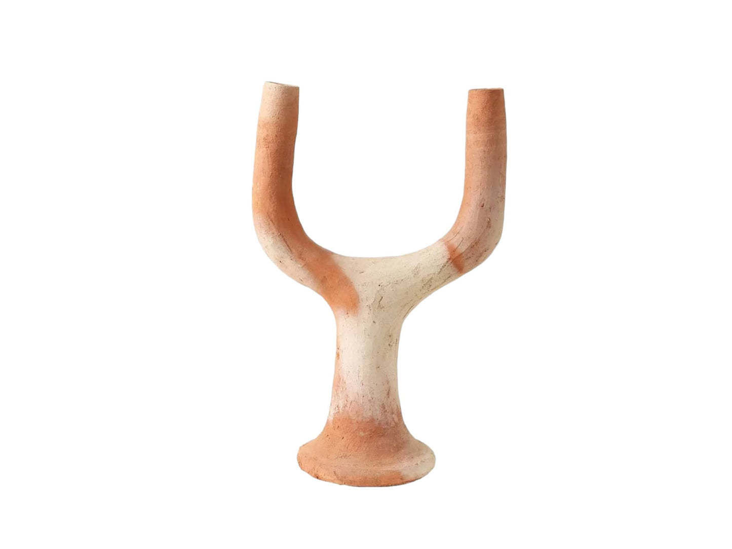 Artisanal Moroccan Unglazed Tamegroute White Ecru Abstract Twin Arc Candlestick Holder-1