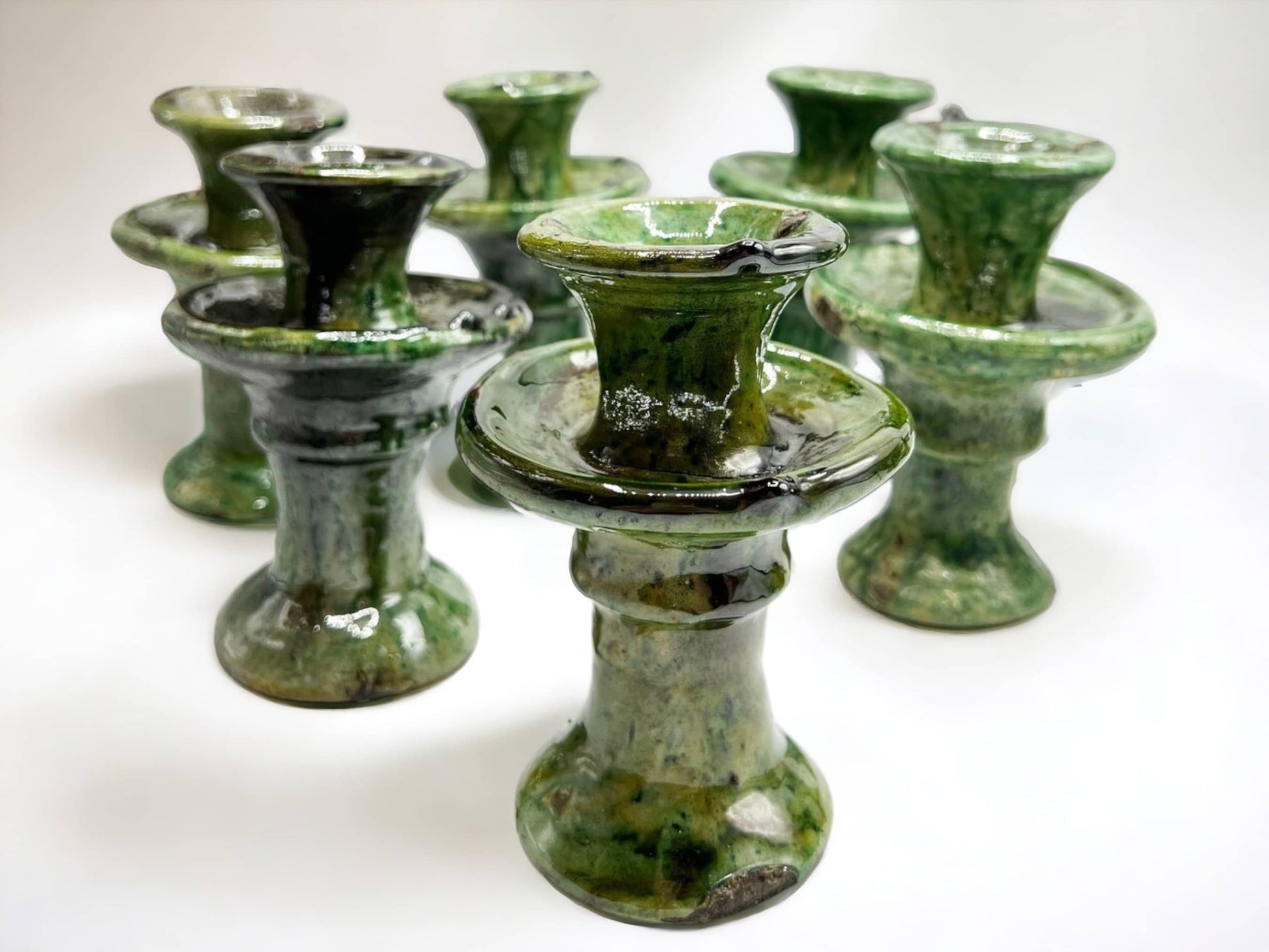 Set Of Two Handmade Moroccan Vintage Tamegroute X-Small Green Candlestick Holders-3