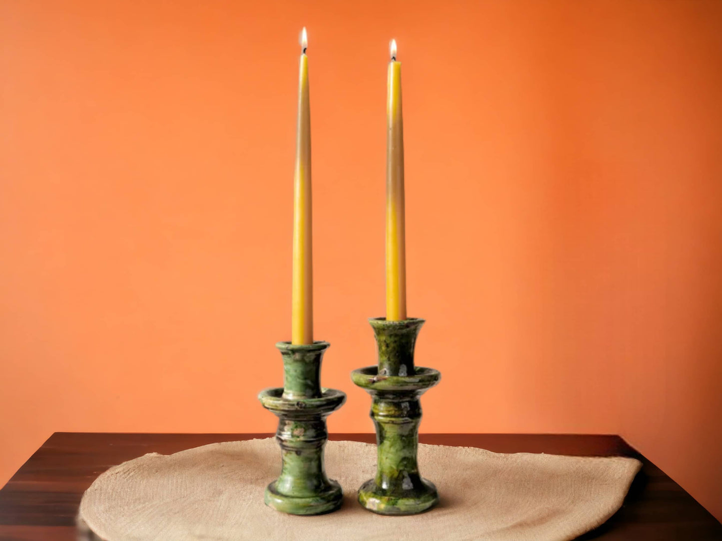 Handmade Moroccan Vintage Tamegroute Green Candlestick Holders: Set of 2 Small Ceramic Glazed Pottery-0