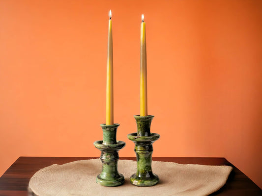 Handmade Moroccan Vintage Tamegroute Green Candlestick Holders: Set of 2 Small Ceramic Glazed Pottery-0