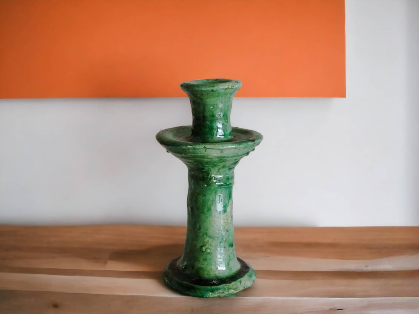 Handmade Moroccan Vintage Tamegroute Green Candlestick Holders: Set of 2 Small Ceramic Glazed Pottery-2