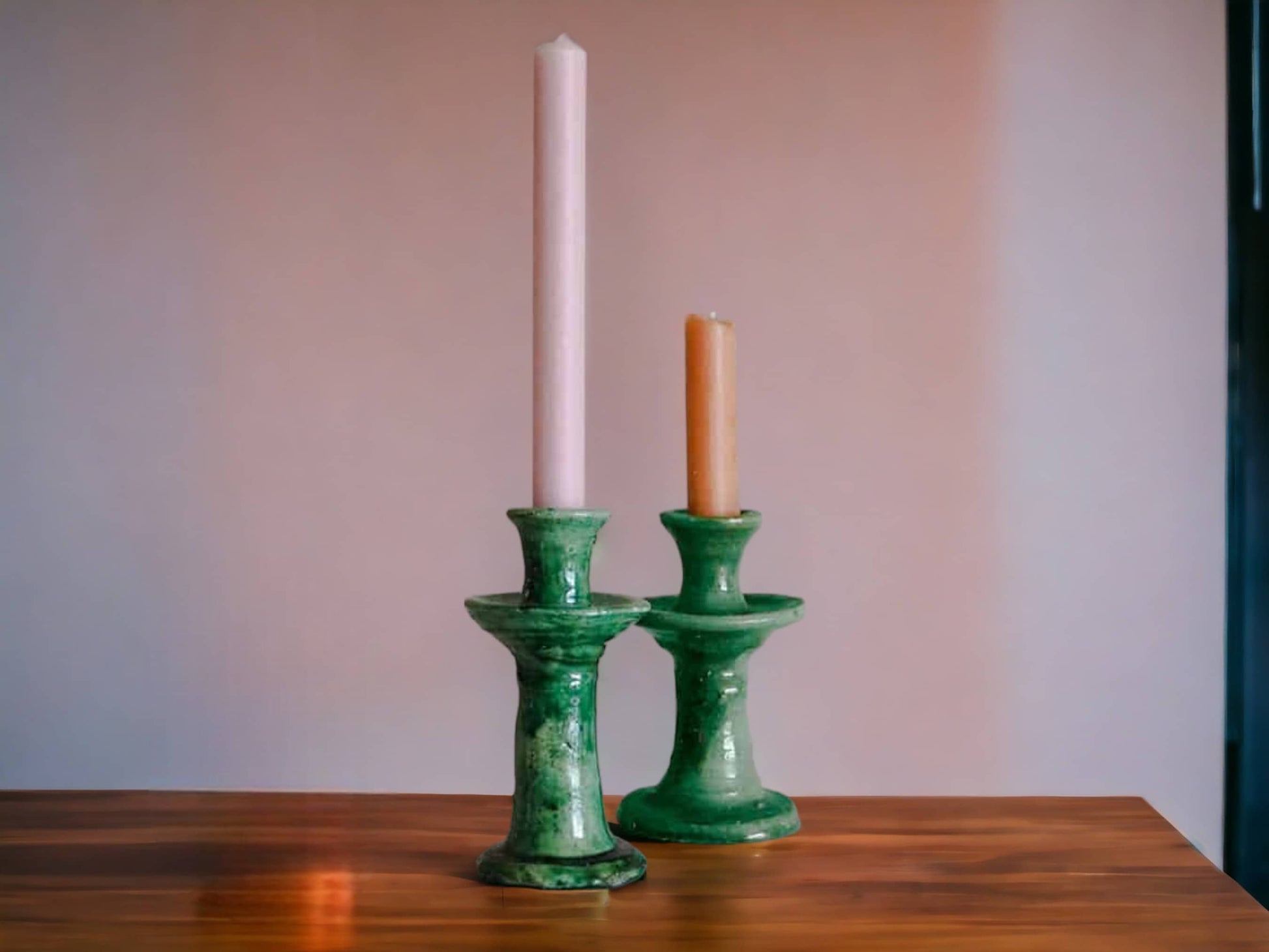 Handmade Moroccan Vintage Tamegroute Green Candlestick Holders: Set of 2 Small Ceramic Glazed Pottery-1