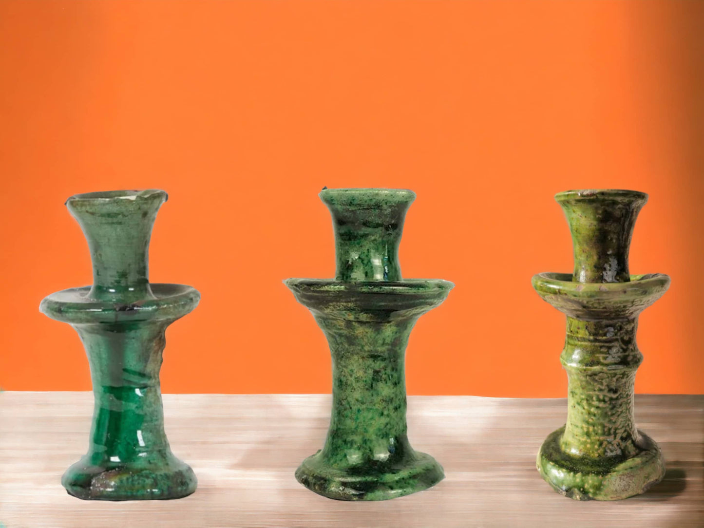 Handmade Moroccan Vintage Tamegroute Green Candlestick Holders: Set of 2 Small Ceramic Glazed Pottery-3