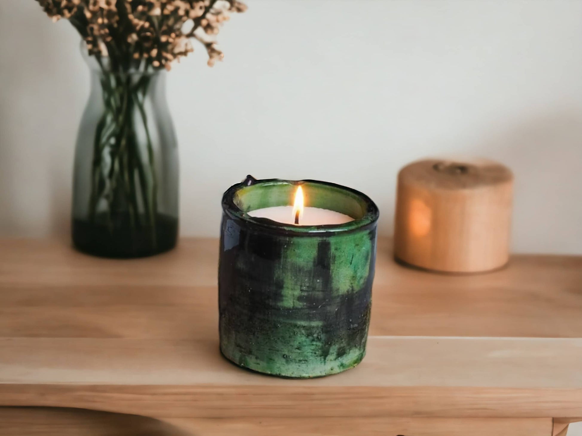 Luxury Handmade Moroccan Shaded Green Tamegroute Scented Soy Wax Candle with Ceramic Holder-1