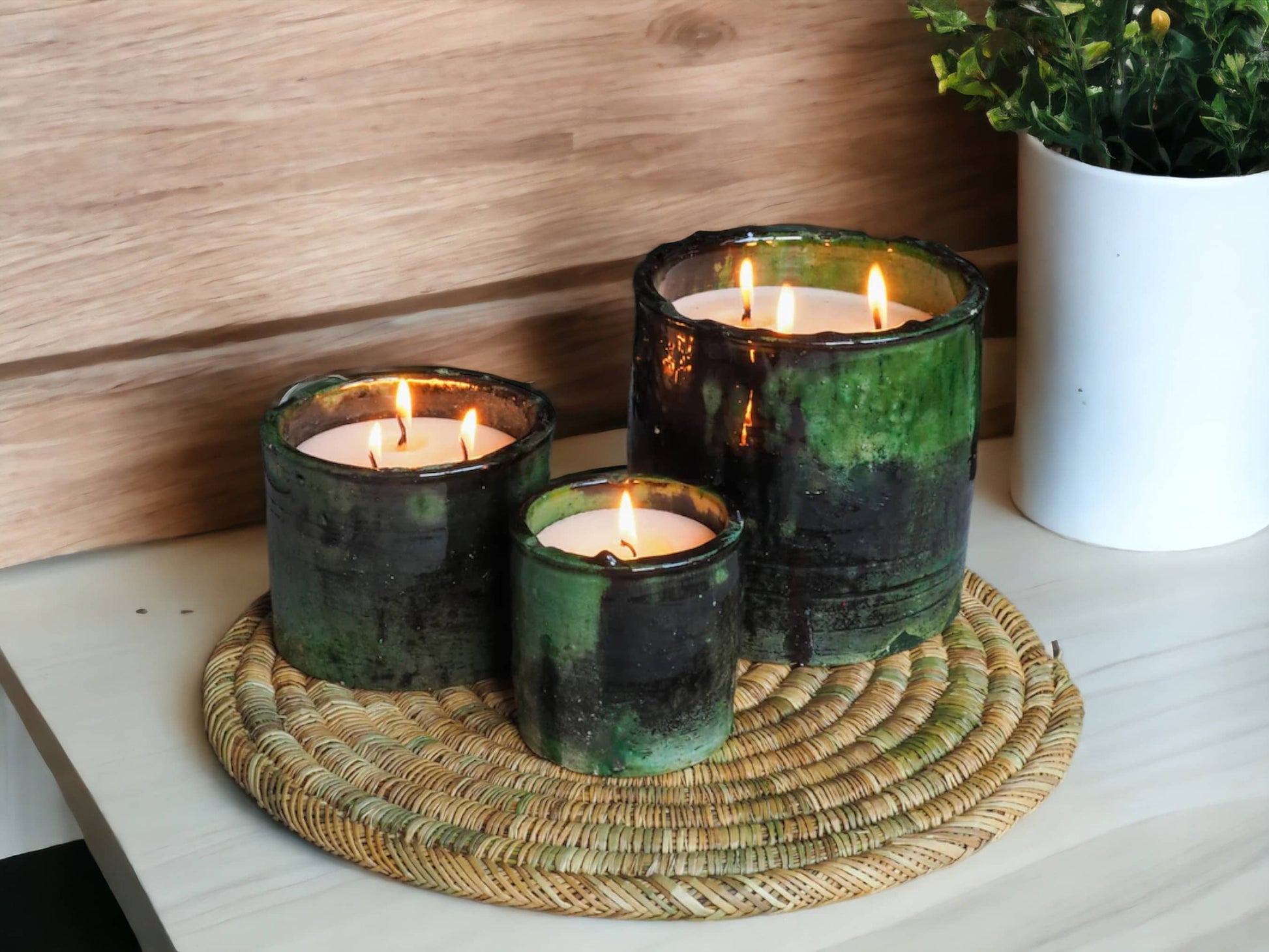 Luxury Handmade Moroccan Shaded Green Tamegroute Scented Soy Wax Candle with Ceramic Holder-0