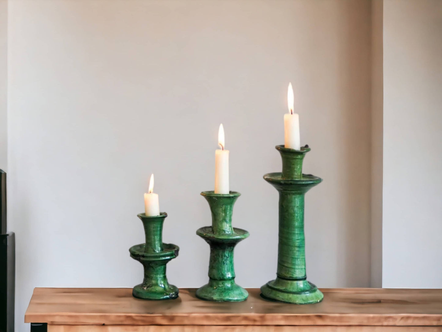 Set Of Two Handmade Moroccan Vintage Tamegroute X-Small Green Candlestick Holders-4