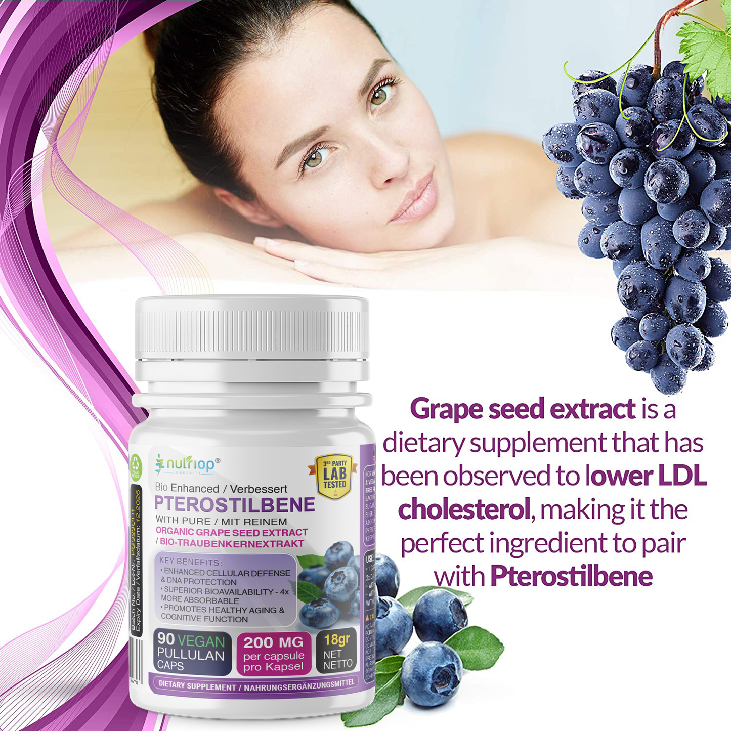 Nutriop Longevity® Pterostilbene Extreme with 100% Pure Organic Grape Seed Extract - 100mg Capsules (x90)-4