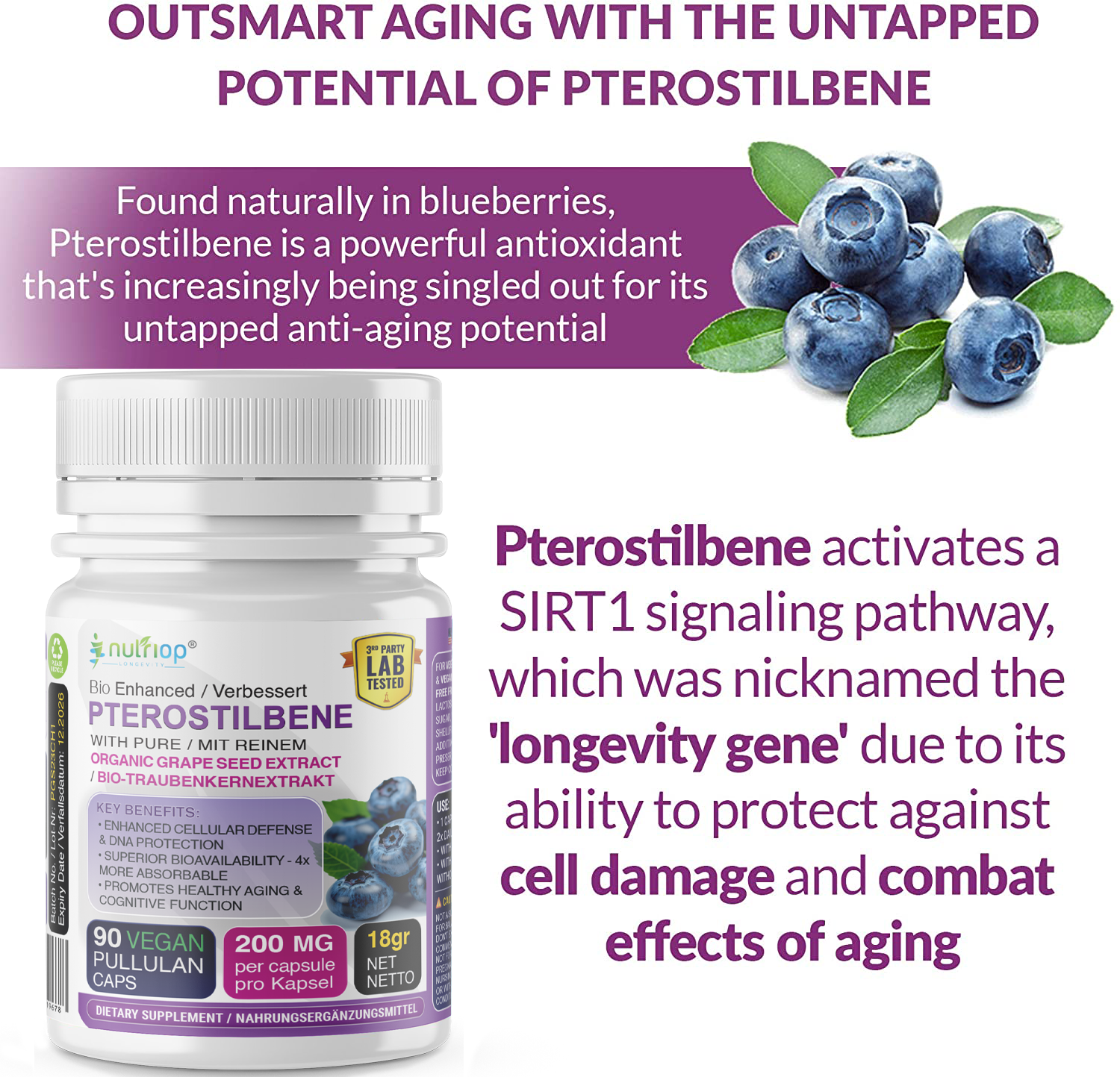 Nutriop Longevity® Pterostilbene Extreme with 100% Pure Organic Grape Seed Extract - 100mg Capsules (x90)-2